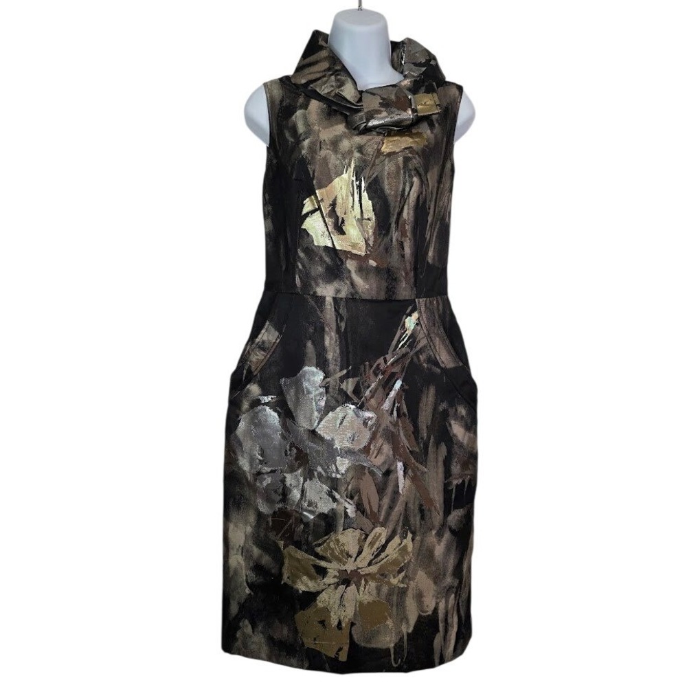 CARLISLE Women's Size 4 Metallic Black Gold‎ Silver Abstract Print Sheath Dress
